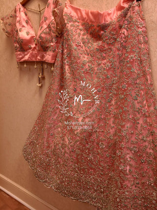 Resham flowers with crystal Lehenga - pink