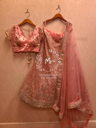 Resham flowers with crystal Lehenga - pink