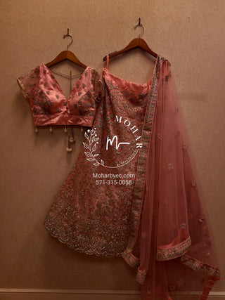 Resham flowers with crystal Lehenga - pink