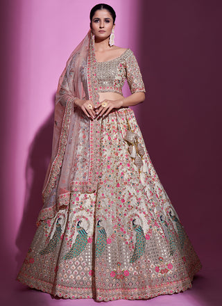 Cream thread work soft Net floral Lehenga