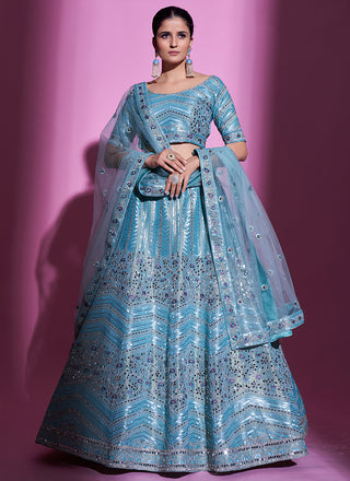 Azure Blue/Firozi  Georgette thread and gota work reception Lehenga