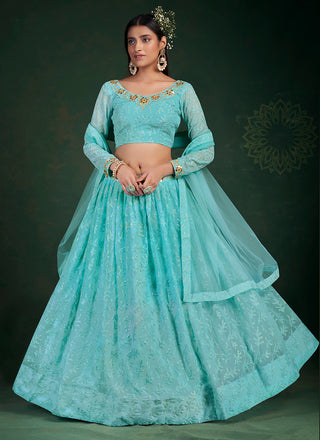 sky blue thread and sequin work georgette lehenga choli