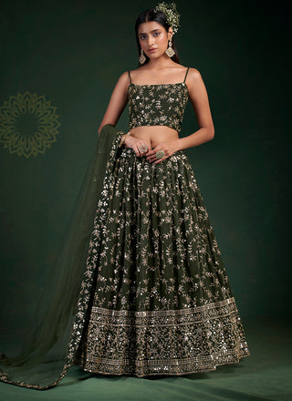 Olive green heavy gold sequin work lehenga choli
