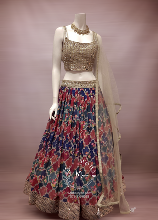 Printed Beige Georgette Lehenga