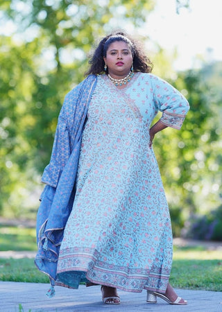 Blue Jaipuri Block Print Angrakha Suit