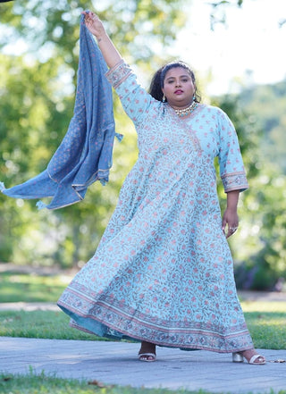 Blue Jaipuri Block Print Angrakha Suit
