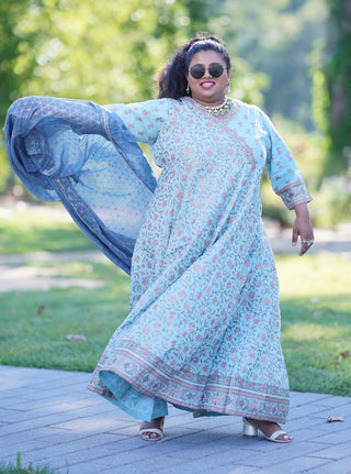 Blue Jaipuri Block Print Angrakha Suit
