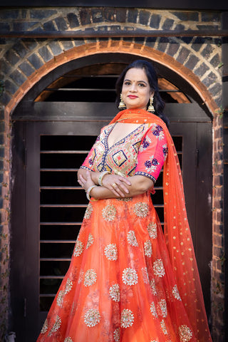 Orange Net Lehenga