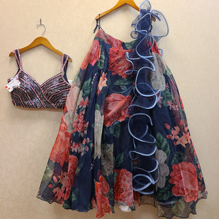 Navy Blue Floral Lehenga