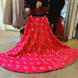 Red Flower embroidered silk skirt