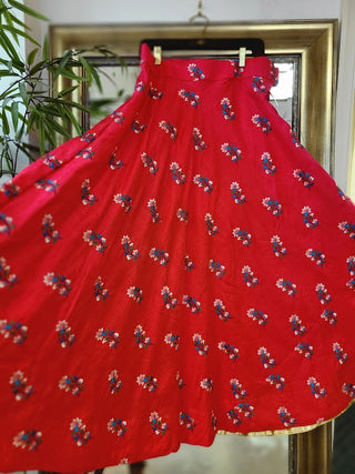 Red Flower embroidered silk skirt