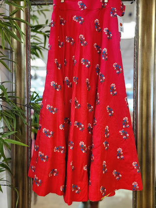 Red Flower embroidered silk skirt