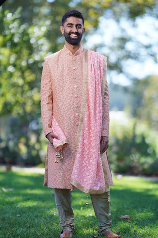 Raw Silk Peach Sherwani