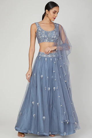 Steel Blue Embroidered Lehenga set