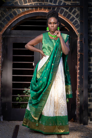 White and Green Banarsi Lehenga Gown