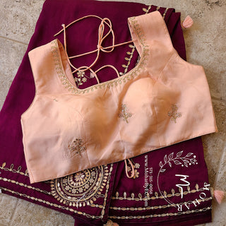 Wine Color Mirror work silk Saree and Blouse