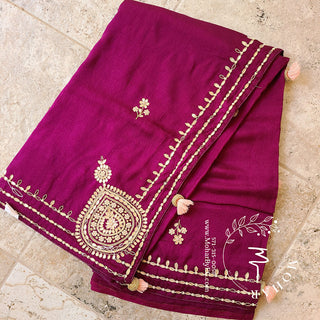 Wine Color Mirror work silk Saree and Blouse