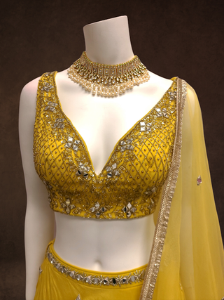 Yellow Chinnon Silk Lehenga