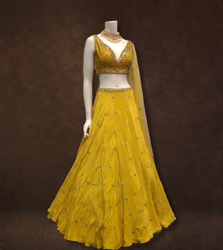 Yellow Chinnon Silk Lehenga